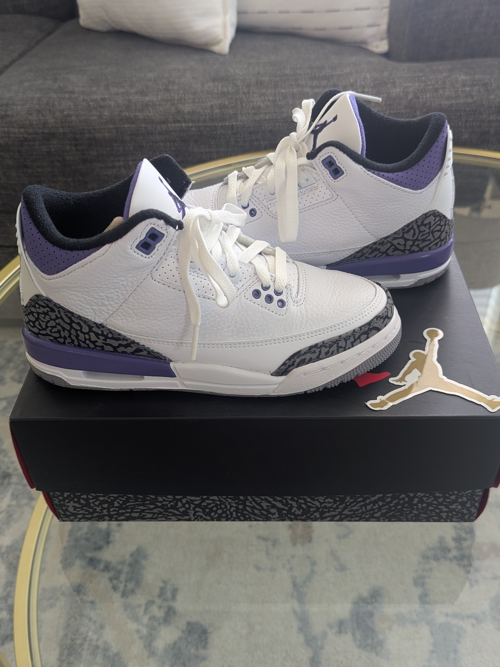 Jordan 3 Retro White Black Purple Youth Size 4.5 Women's Size 6